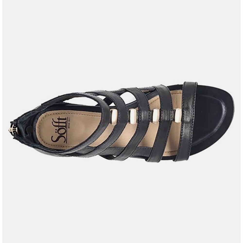 Sofft Black Wedge Sandals With Gold Detail Genuine Leather With Zipper Back